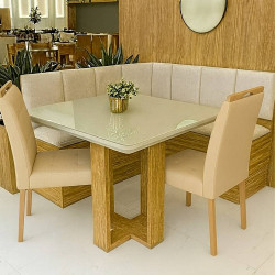 Conjunto Canto Romano com Baú + Mesa de Jantar Anjos Tampo c/ Vidro 90x90 c/ 2 Cadeiras Julia - Linho Bege Conjunto Canto Romano com Baú + Mesa de Jantar Anjos Tampo c/ Vidro 90x90 c/ 2 Cadeiras Julia - Linho Bege