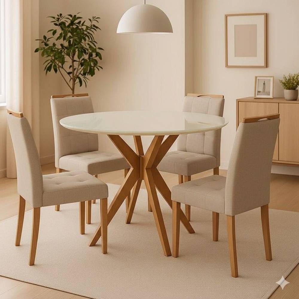 Mesa de Jantar Simpatia Candian tampo Redondo c/ Vidro c/  4 Cadeiras Julia - Linho Bege - Off White/ Cinamomo Mesa de Jantar Simpatia Candian tampo Redondo c/ Vidro c/  4 Cadeiras Julia - Linho Bege - Off White/ Cinamomo