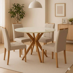 Mesa de Jantar Simpatia Candian tampo Redondo c/ Vidro c/  4 Cadeiras Julia - Linho Bege - Off White/ Cinamomo Mesa de Jantar Simpatia Candian tampo Redondo c/ Vidro c/  4 Cadeiras Julia - Linho Bege - Off White/ Cinamomo
