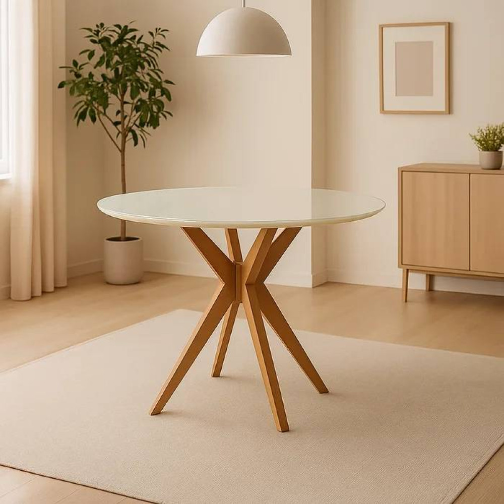  Mesa de Jantar Simpatia Candian c/ tampo Redondo c/ Vidro - Off White/ Cinamomo