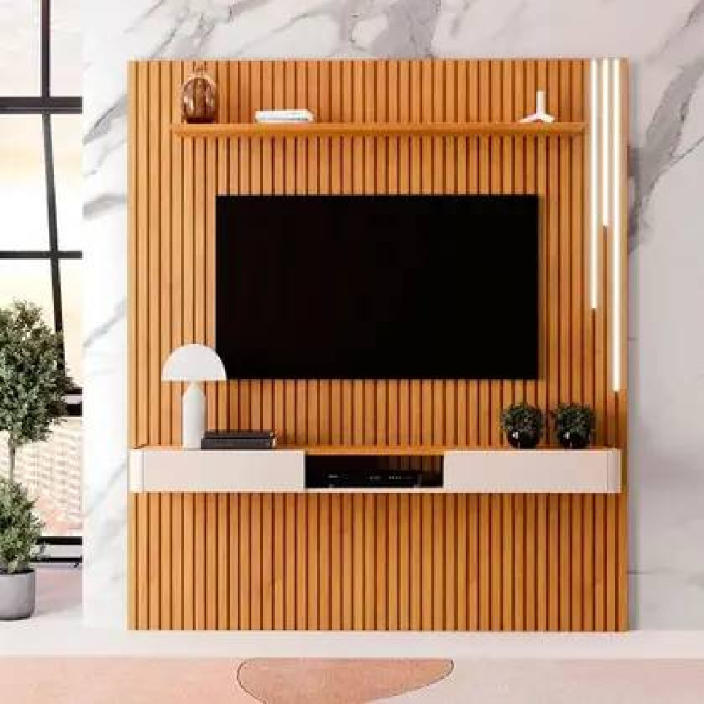 Painel Ripado Lyon com Nicho Arcus 186cm 3 Gavetas c/ Led cascata e Prateleira - Naturalle / Off White