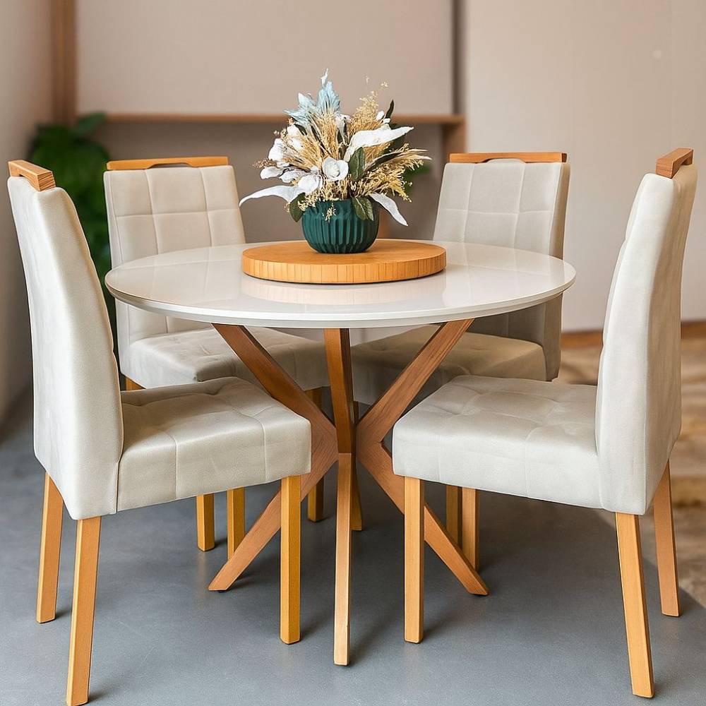 Mesa de Jantar Simpatia Candian tampo Redondo c/ Vidro c/ 4 Cadeiras Julia - Veludo Bege - Off White/ Cinamomo Mesa de Jantar Simpatia Candian tampo Redondo c/ Vidro c/ 4 Cadeiras Julia - Veludo Bege - Off White/ Cinamomo