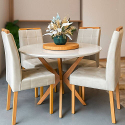 Mesa de Jantar Simpatia Candian tampo Redondo c/ Vidro c/ 4 Cadeiras Julia - Veludo Bege - Off White/ Cinamomo Mesa de Jantar Simpatia Candian tampo Redondo c/ Vidro c/ 4 Cadeiras Julia - Veludo Bege - Off White/ Cinamomo
