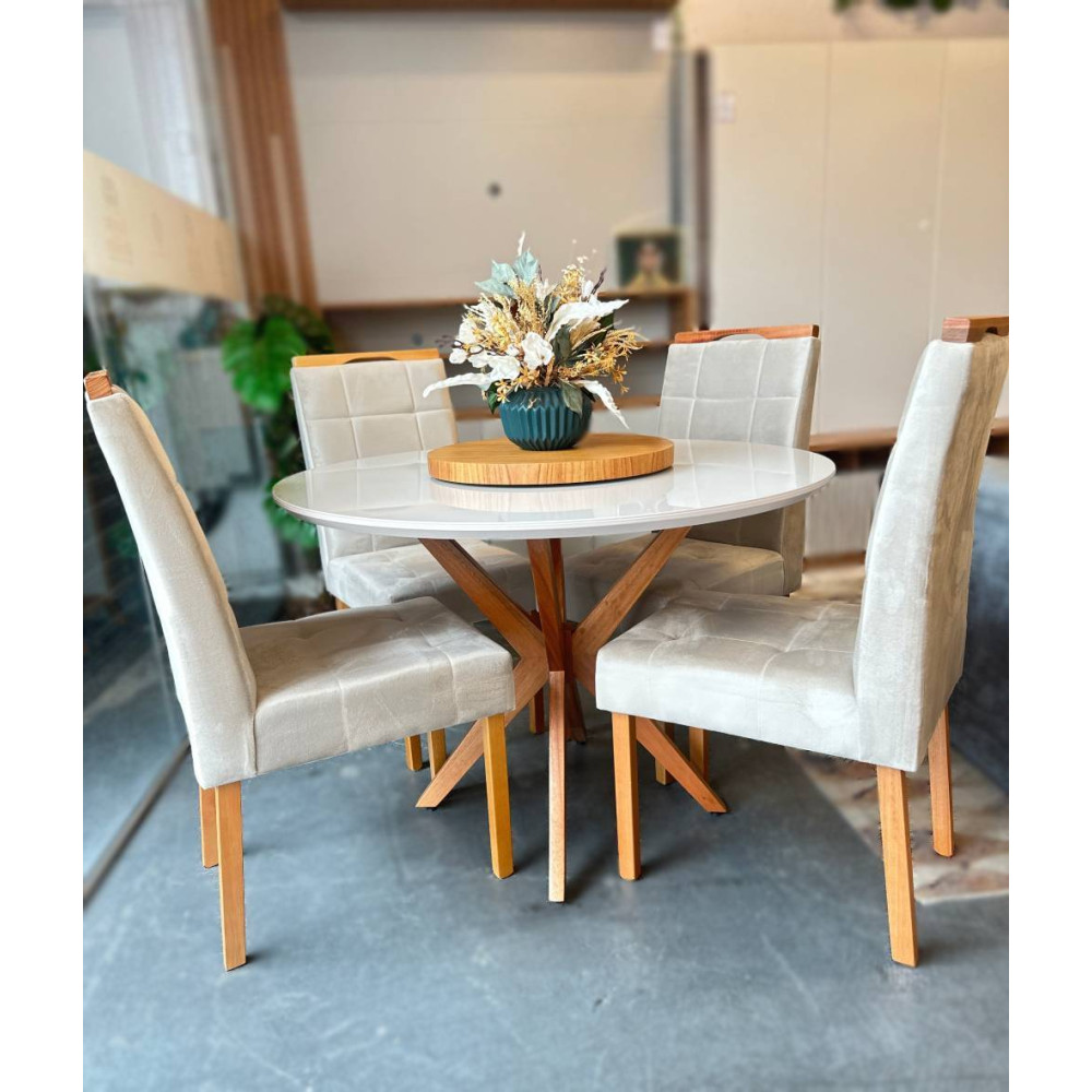 Mesa de Jantar Simpatia Candian tampo Redondo c/ Vidro c/ 4 Cadeiras Julia - Veludo Bege - Off White/ Cinamomo Mesa de Jantar Simpatia Candian tampo Redondo c/ Vidro c/ 4 Cadeiras Julia - Veludo Bege - Off White/ Cinamomo
