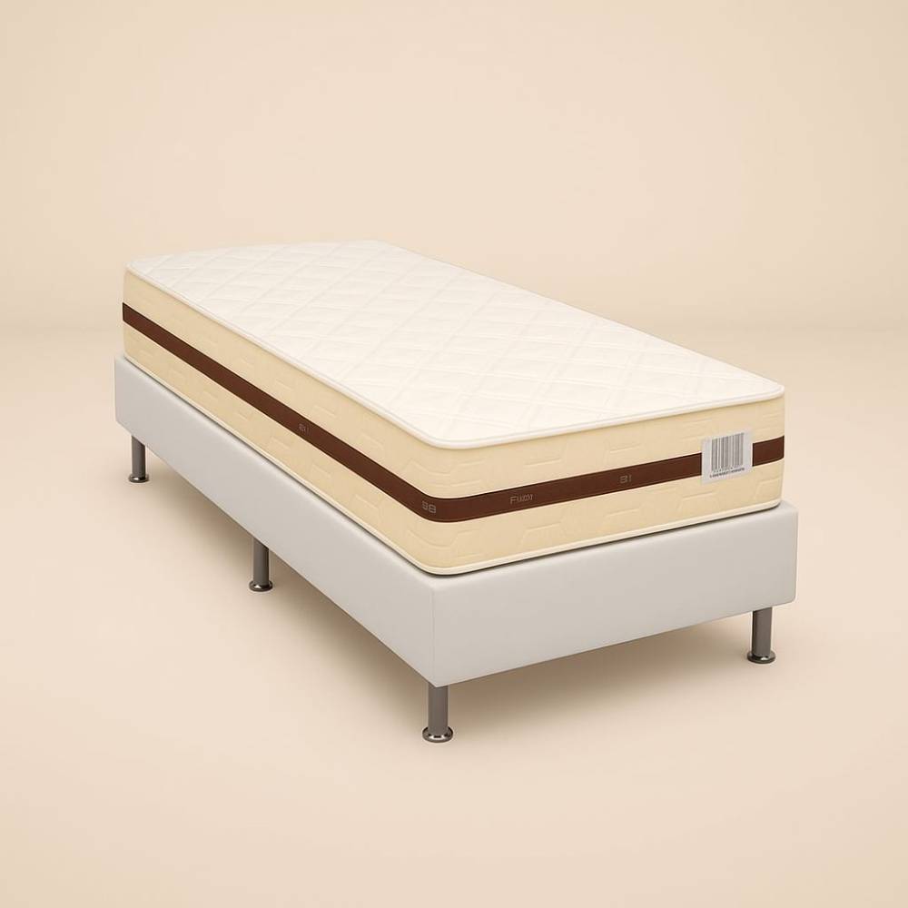 Colchão Royal Solteiro c/ Molas Ensacadas 32 X188X88 - Bege + Base Solteiro (88x188x23) Courino - Branco
