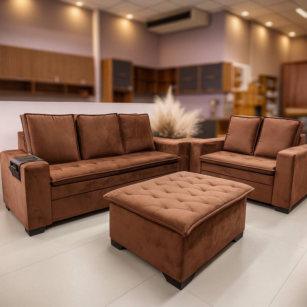 Conjunto de Sofá França 2 e 3 Lugares com Puff – Tecido Veludo – Cobre a26 