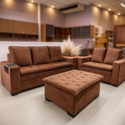 Conjunto de Sofá França 2 e 3 Lugares com Puff – Tecido Veludo – Cobre a26  Conjunto de Sofá França 2 e 3 Lugares com Puff – Tecido Veludo – Cobre a26