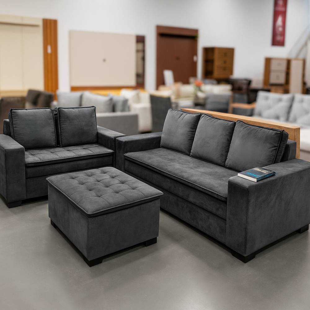 Conjunto de Sofá França 2 e 3 Lugares com Puff – Tecido Veludo – Cinza 
