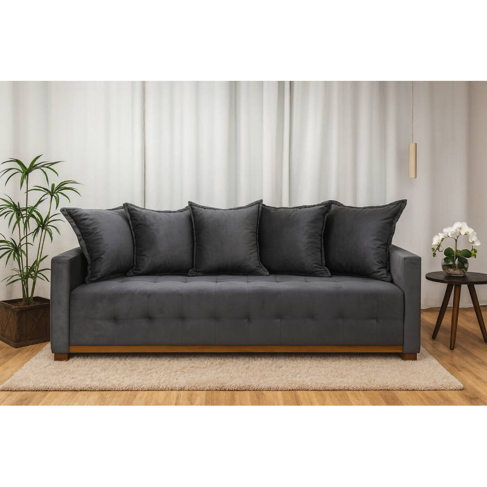 Sofá Cama Casal 4 Lugares e 5 Almofadas Caribe Tecido Veludo 210cm - Cinza
