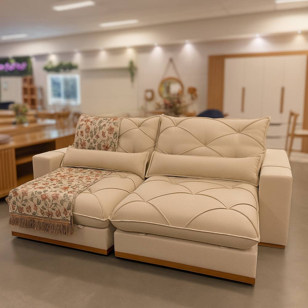 Sofá Pacco Rabanne Retrátil e Reclinável 2,50cm - Linho Bege 