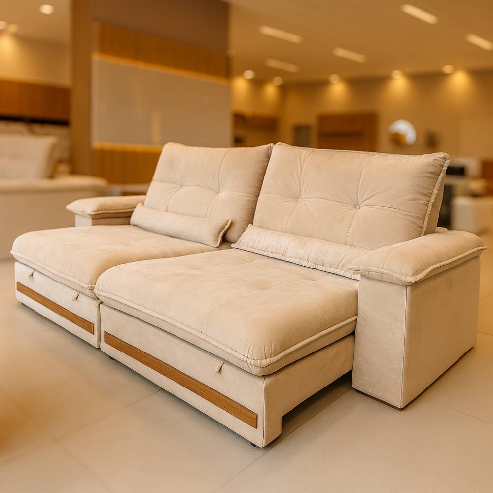 Sofá Qatar Retrátil Reclinável 2,50m - Veludo Bege