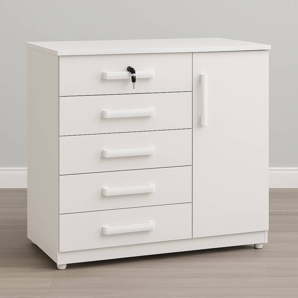 Cômoda Vitória c/ 5 Gavetas e 1 Porta e Chave - Branco