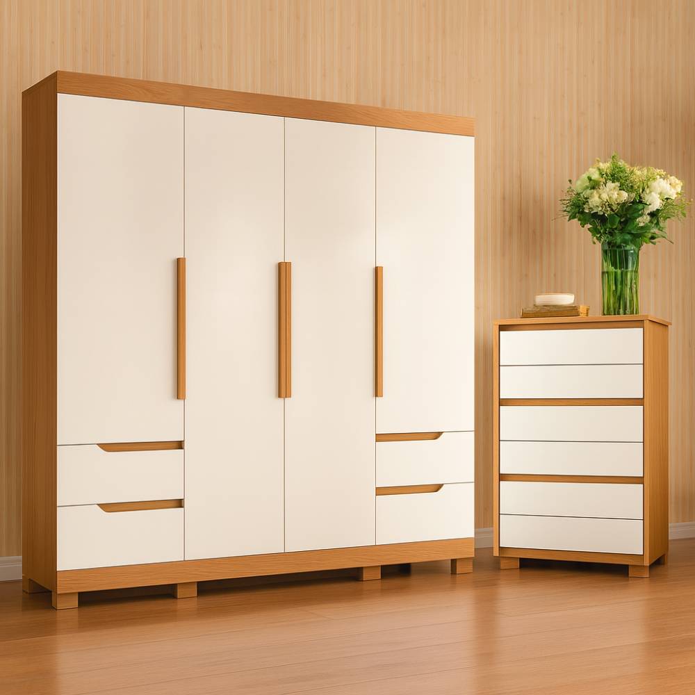 Guarda Roupa Casal Vivacce C/ Espelho 4 Portas 4 Gavetas + Cômoda Unno 6 Gavetas - Cinamomo/Off White