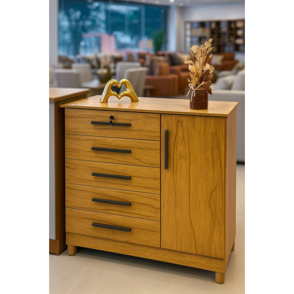 Cômoda Vitória c/ 5 Gavetas e 1 Porta e Chave - Cinamomo