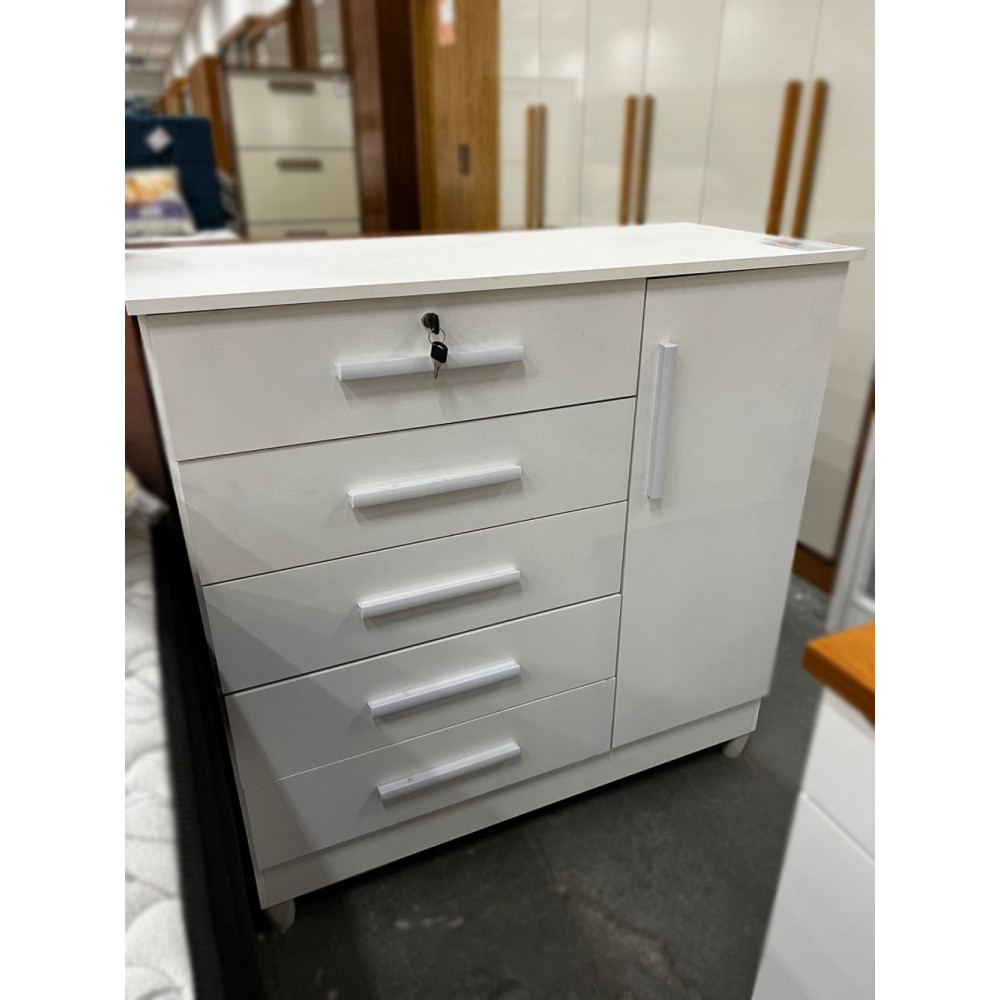 Cômoda Vitória c/ 5 Gavetas e 1 Porta e Chave - Branco