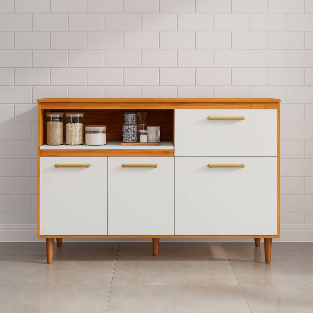 Balcão Sicilia C/Tampo 120cm 3 portas 1 gaveta - Freijo/Off Acetinado