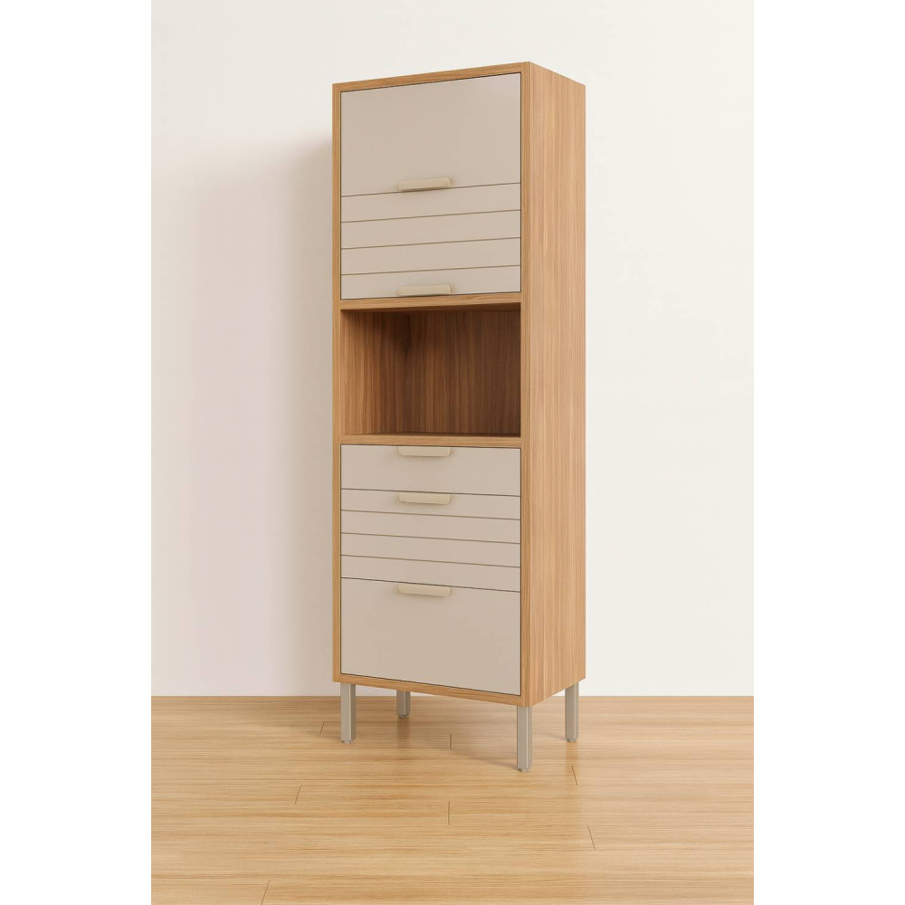 Paneleiro Torre Quente Eloise 70cm Basculante c/ 1 Forno 3 portas 2 Gavetas - Freijó/ Off White 