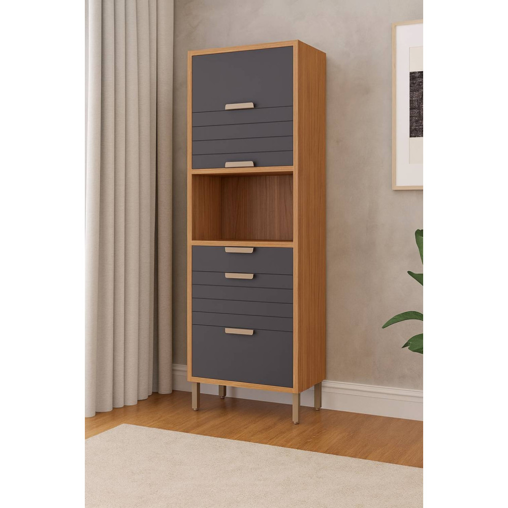 Paneleiro  Torre Quente Eloise 70cm Basculante c/ 1 Forno 3 portas 2 Gavetas - Freijó/ Titanium 