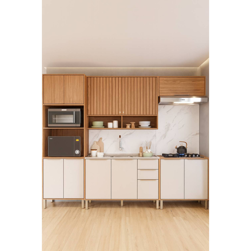 Cozinha Divina c/ 5 Peças com Aéreo de Geladeira -  Freijó/Off White