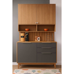 Armário Aéreo de Cozinha Divina c/ 2 portas + Balcão Divina c/ 2 Portas e 2 Gavetas + Painel ripado - Cinamomo/Titanium