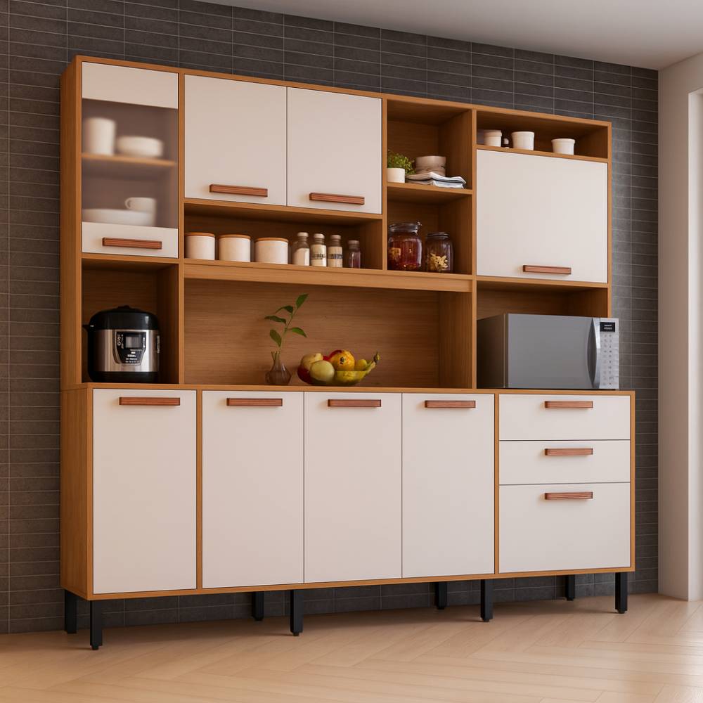 Kit Cozinha Compacta Napoles c/ 8 Portas 3 Gavetas 9 Prateleiras- Cinamomo/Off White