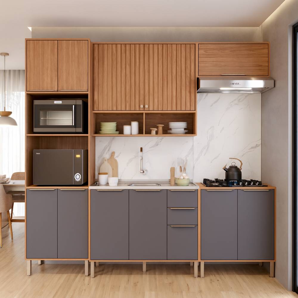Cozinha Divina c/ 5 Peças  com Aéreo de Geladeira - Freijó/Titanium