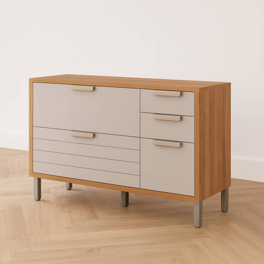 Balcão Eloise Basculante 120cm c/ 1 Portas e 4 Gavetas - Freijó/ Off White 