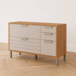 Balcão Eloise Basculante 120cm c/ 1 Portas e 4 Gavetas - Freijó/ Off White  Balcão Eloise Basculante 120cm c/ 1 Portas e 4 Gavetas - Freijó/ Off White