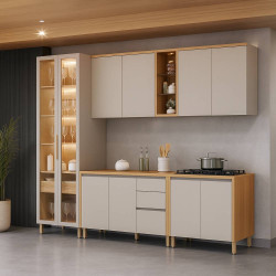 Cozinha Allure c/ 5 Peças c/Cristaleira e C/ Led - Jequitiba/Gris Fosco  Cozinha Allure c/ 5 Peças c/Cristaleira e C/ Led - Jequitiba/Gris Fosco