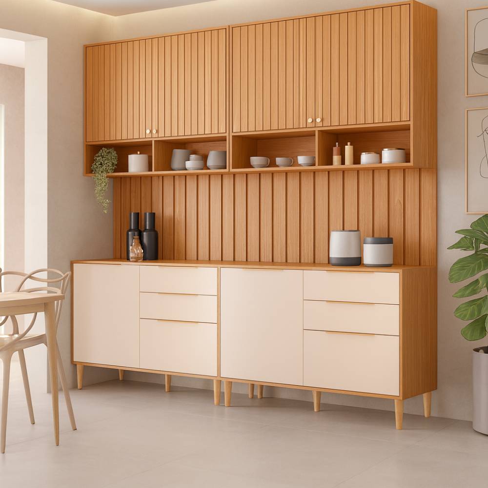Cozinha Divina c/ 6 Peças com 2 Aéreos 120cm + 2 Balcões 120cm + 2 Paineis Ripado 120cm-Freijó/Off White