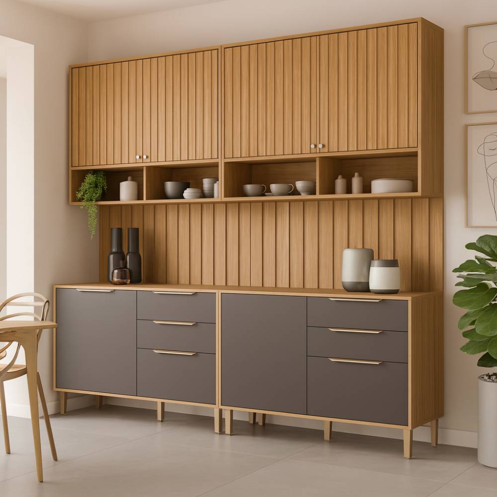Cozinha Divina c/ 6 Peças com 2 Aéreos 120cm + 2 Balcões 120cm + 2 Paineis Ripado 120cm- Freijó/Titanium