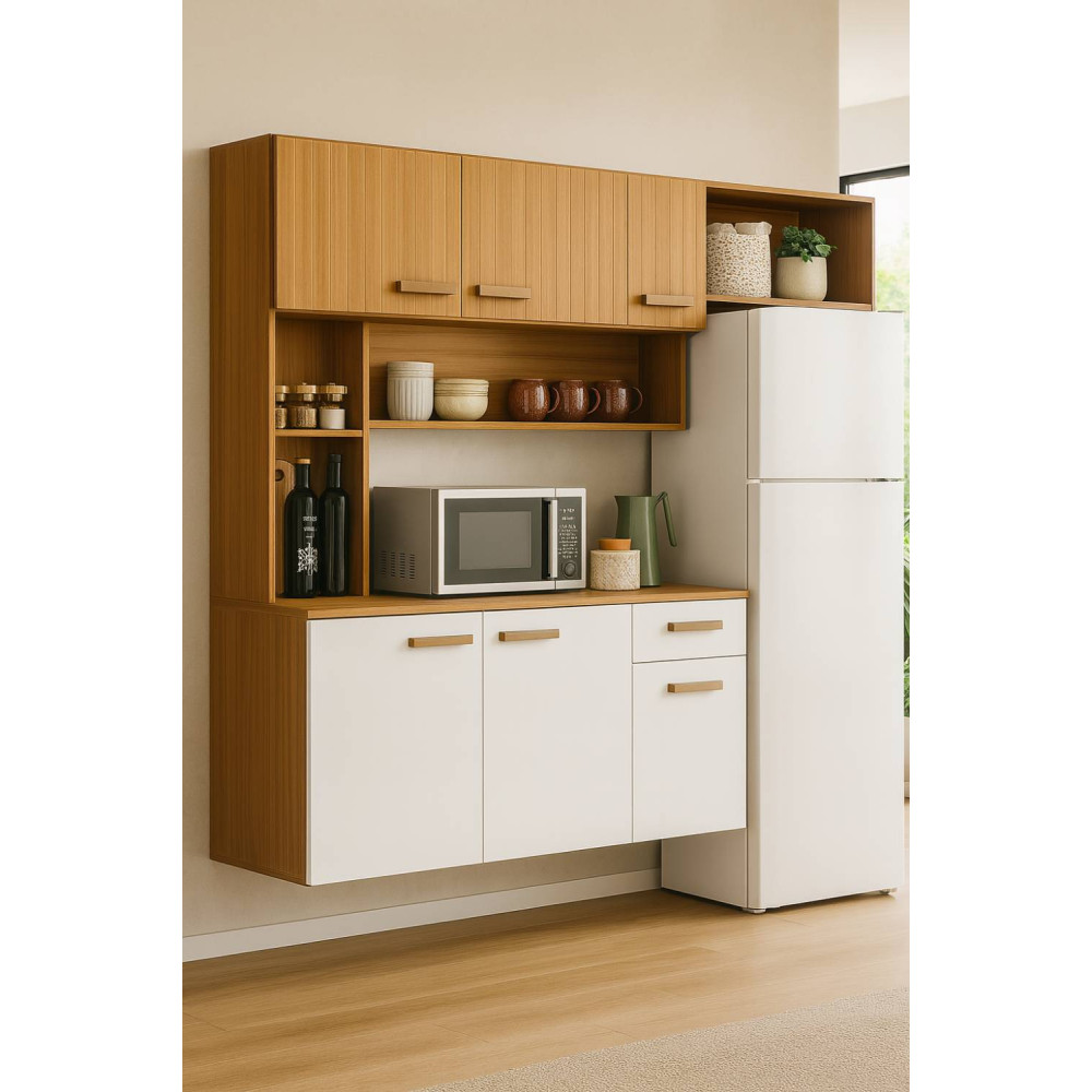 Kit Cozinha Compacta Suspensa Manu Com 6 portas 1 Gaveta- Freijó/Off White Acetinado Ripado Frisado
