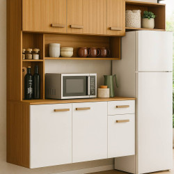 Kit Cozinha Compacta Suspensa Manu Com 6 portas 1 Gaveta- Freijó/Off White Acetinado Ripado Frisado