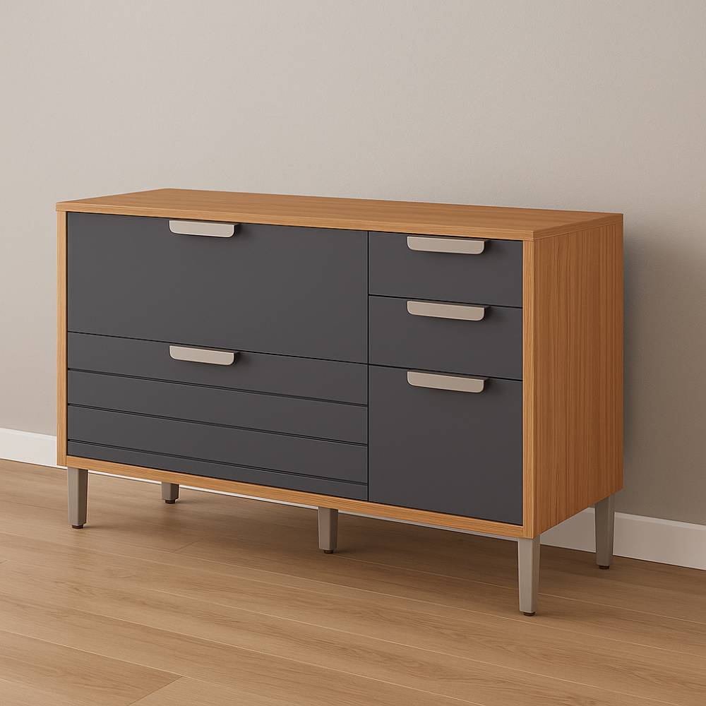 Balcão Eloise Basculante 120cm c/ 1 Portas e 4 Gavetas - Freijó/Titanium 