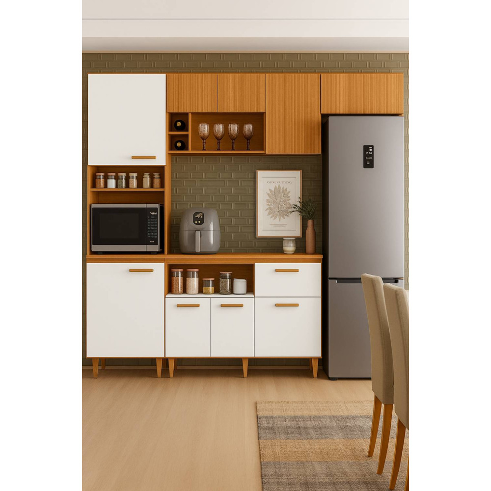 Cozinha Compacta Sicilia 10 Portas e 04 Peças Ripado Frisado - Freijo/Off Acetinado