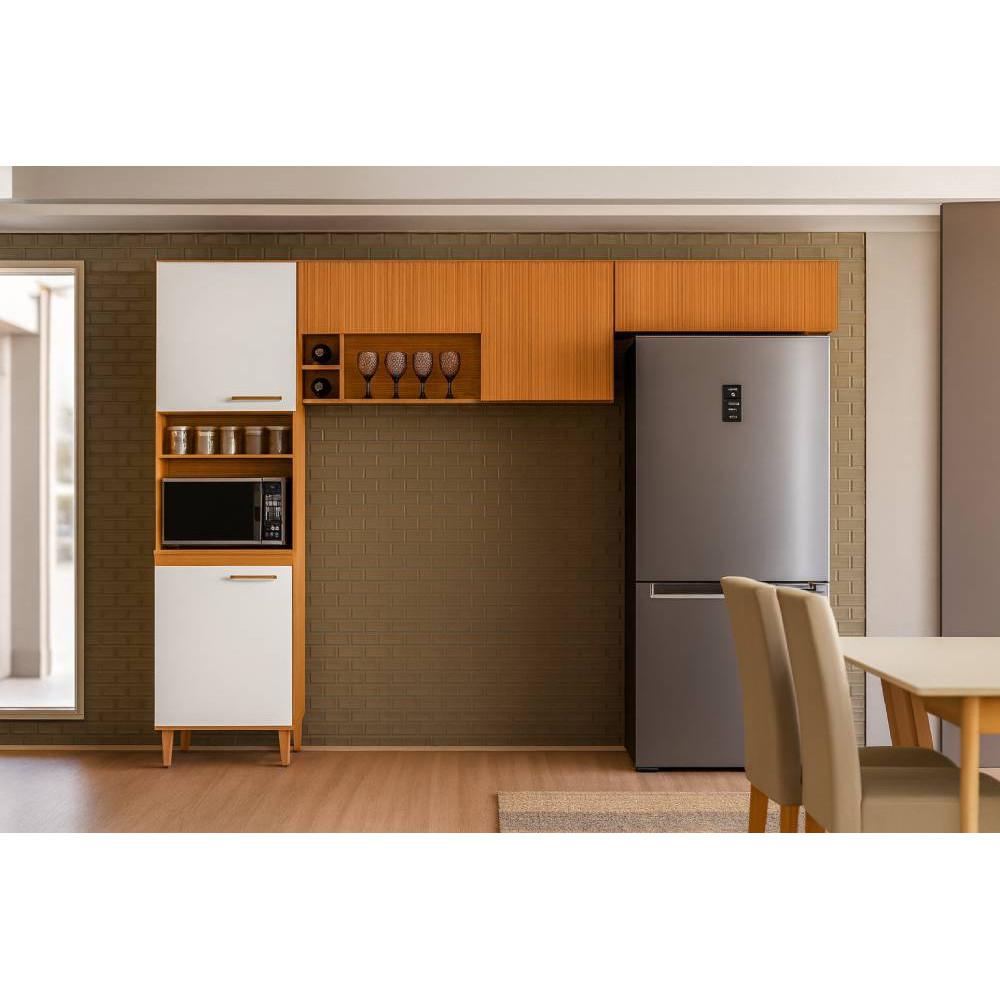 Cozinha Compacta Sicilia  07 Portas e 03 Peças Ripado Frisado - Freijo/Off Acetinado