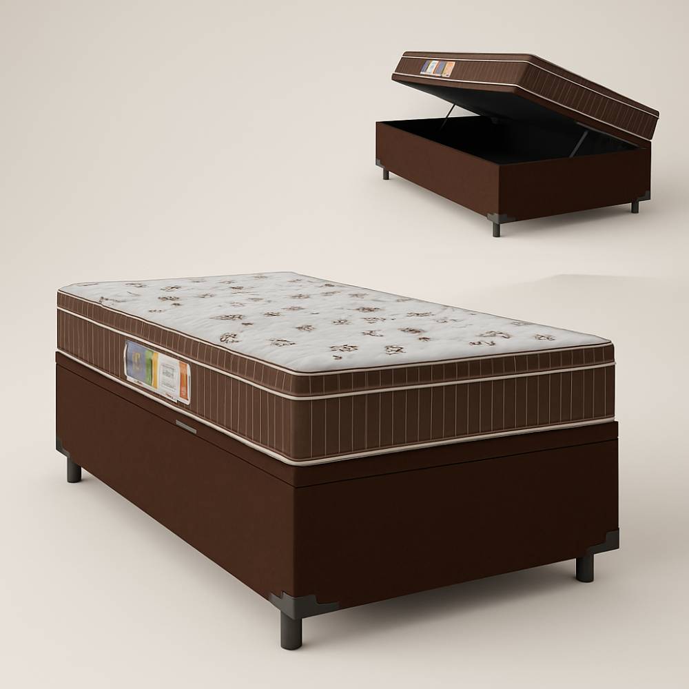 Base Baú Solteiro Courino + Colchão Espuma Solteiro Orthoface Polar 88x188x25 - Marrom
