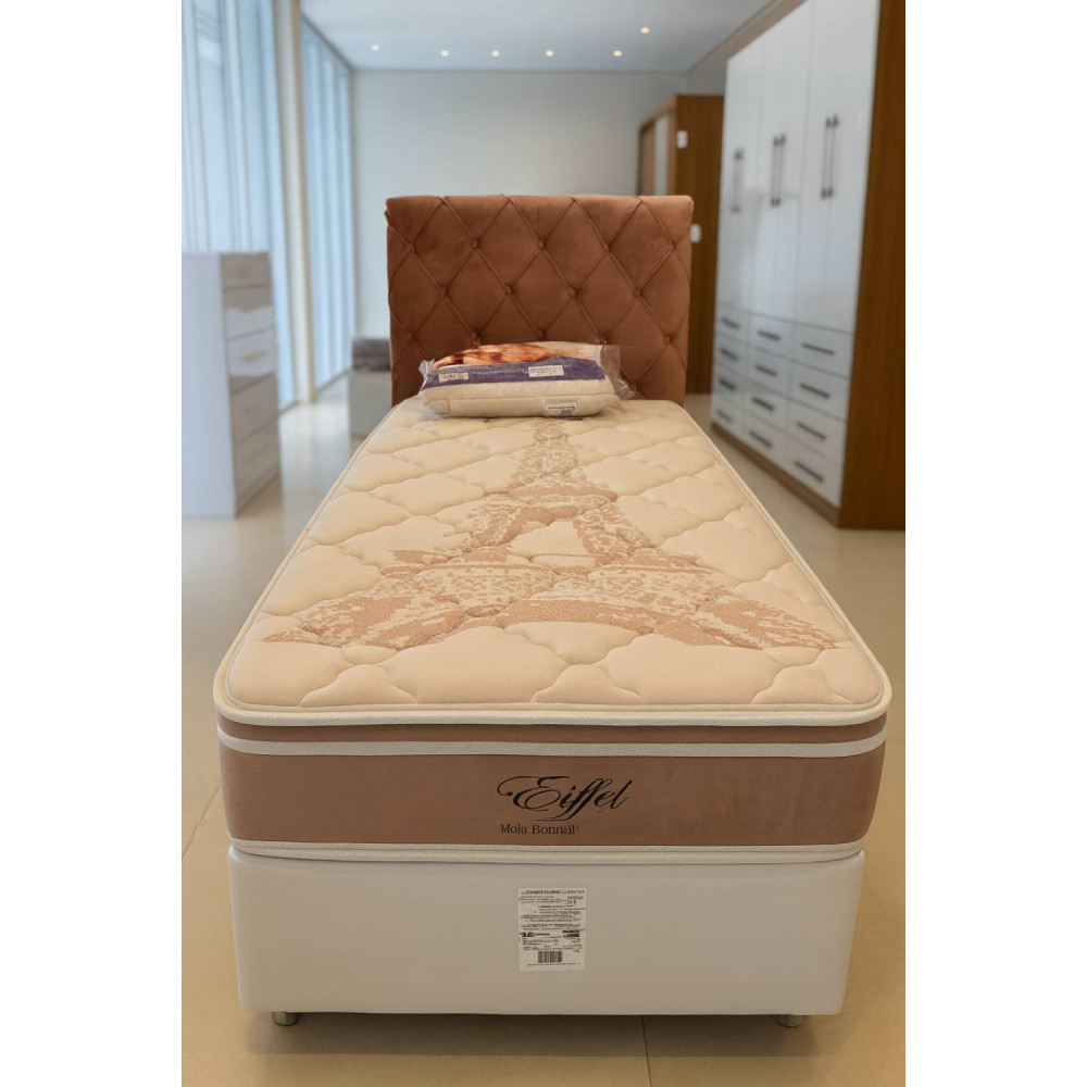 Kit Base Solteiro (88x188x23) - Branco + Colchão Solteiro Eiffel com Molas Ensacadas - Anjos Colchões - 26x188x88 + Cabeceira Solteiro Madame – Veludo – Rose + Travesseiro Flocos - Ortobom