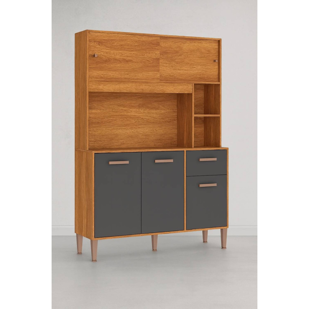 Kit Cozinha Compacta Perola 5 portas e 1 Gaveta - Cinamomo/Grafite