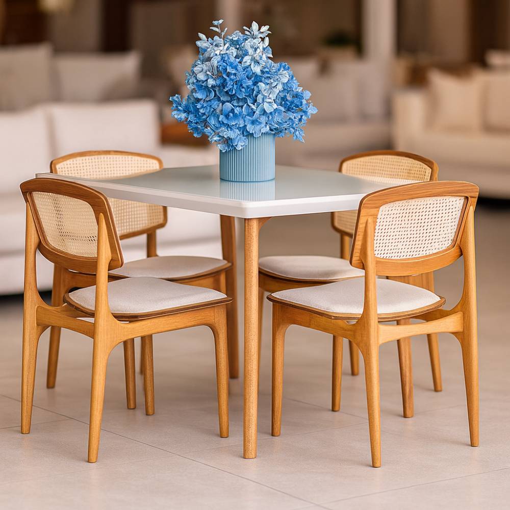 Mesa de Jantar Turquia 1.20cm Tampo vidro Off White com 4 cadeiras Turquia Premium tela madeira - Linho Bege
