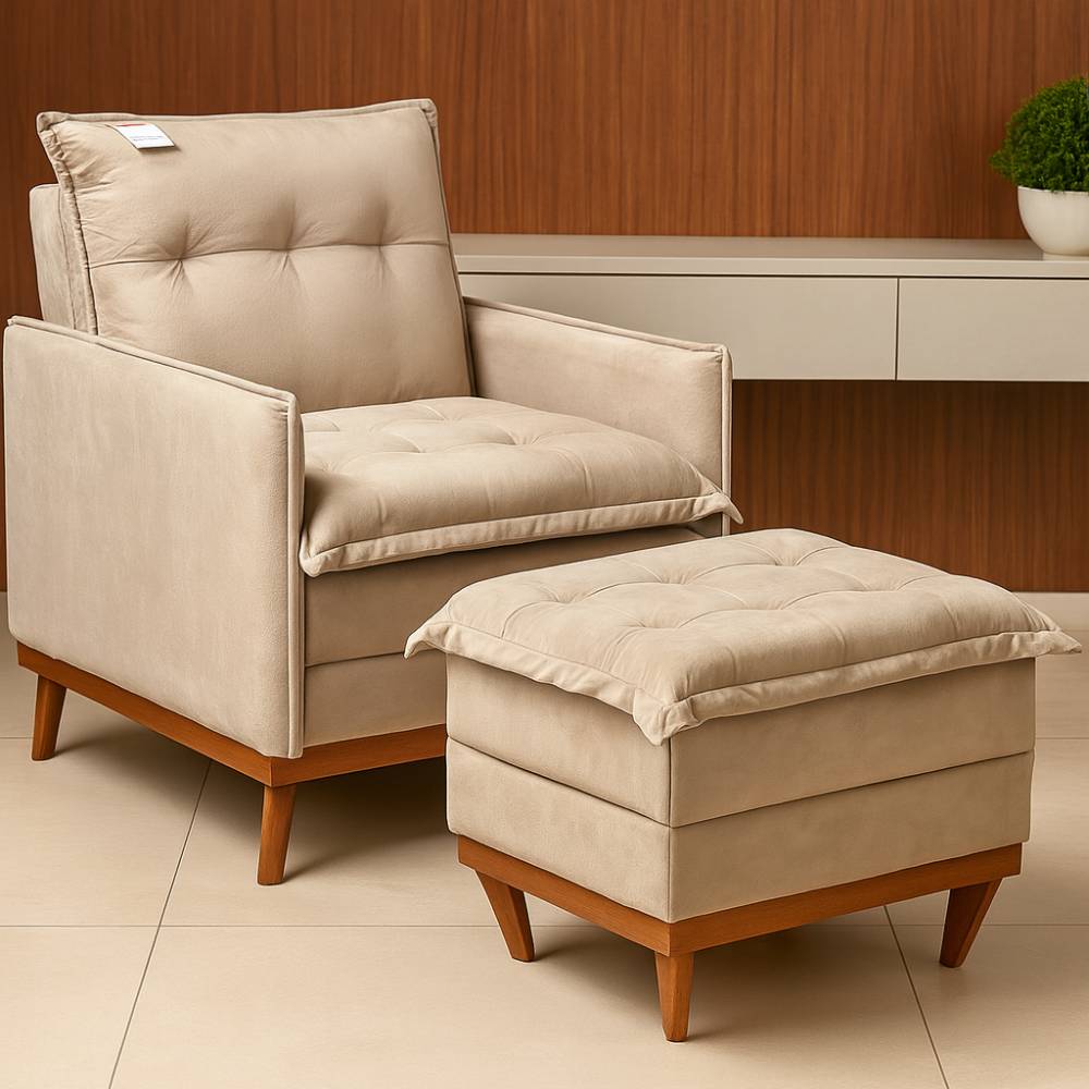 Poltrona Rubi Retrátil com Puff Decorativa - Bege