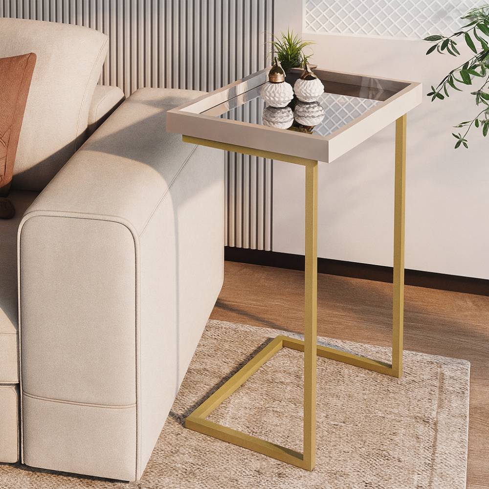Mesa Lateral de Apoio JB 4774 c/ Espelho e Pé De Aço - Off White /Dourado