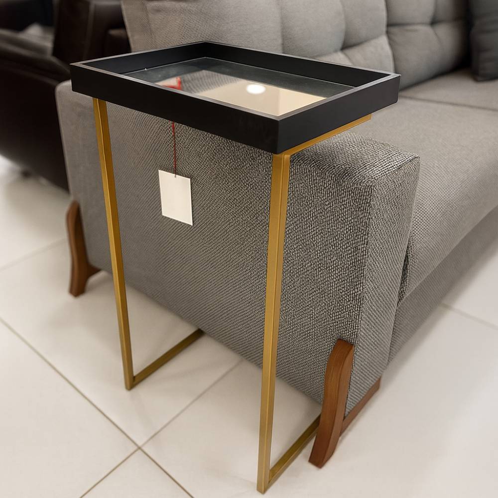 Mesa Lateral de Apoio JB 4774 c/ Espelho e Pé De Aço - Preto/Dourado 