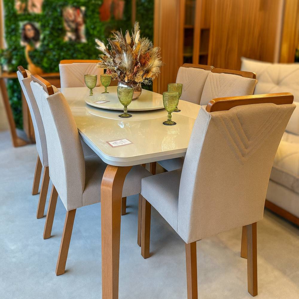 Mesa de Jantar Londrina 1.80cm Tampo Off White com  6 cadeiras Amsterdã - Linho Bege