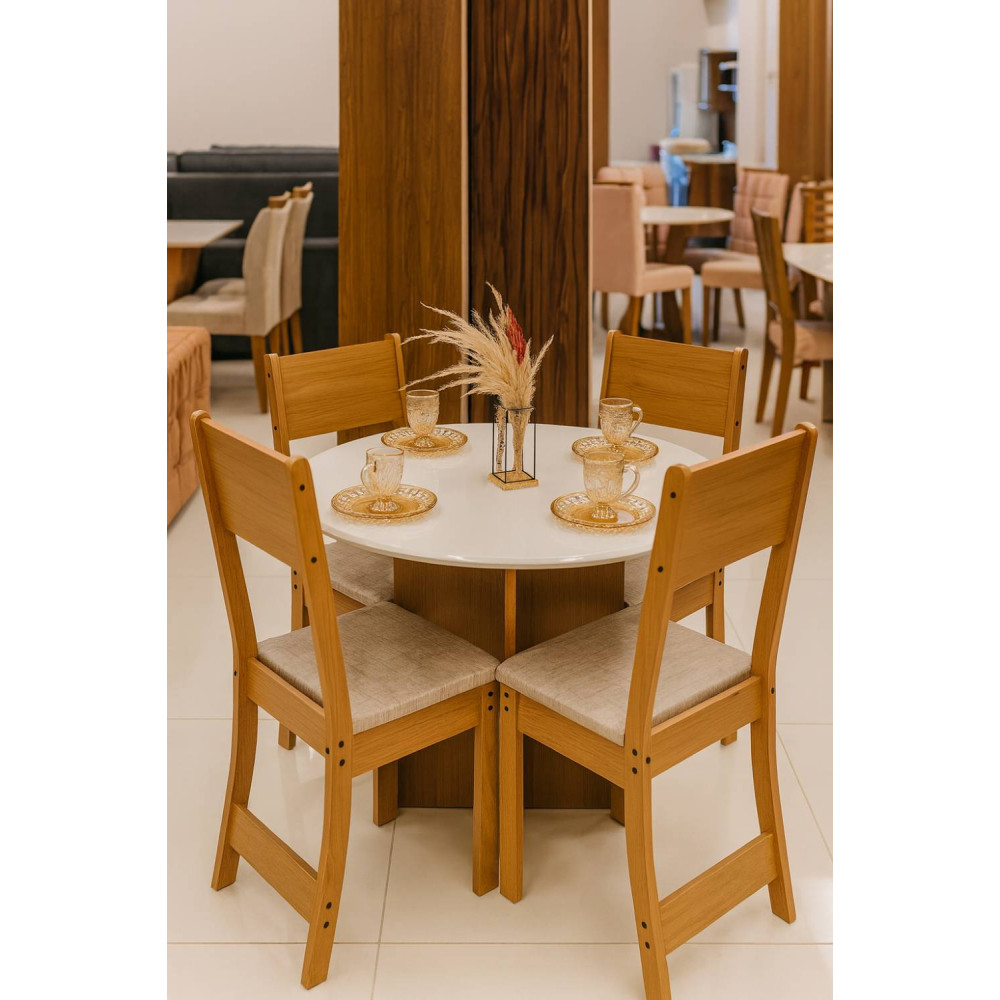 Conjunto Mesa de Jantar Alice c/ tampo Redondo e 4 Cadeiras Linho Bege - Freijó/Off white
