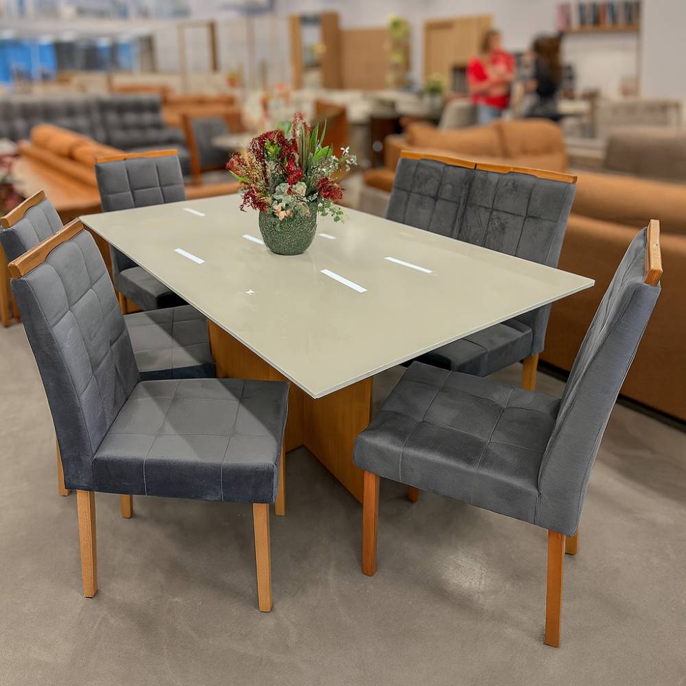 Mesa de Jantar Helo 160x90 c/ 6 Cadeira Julia - Veludo Cinza- Freijo/Off White