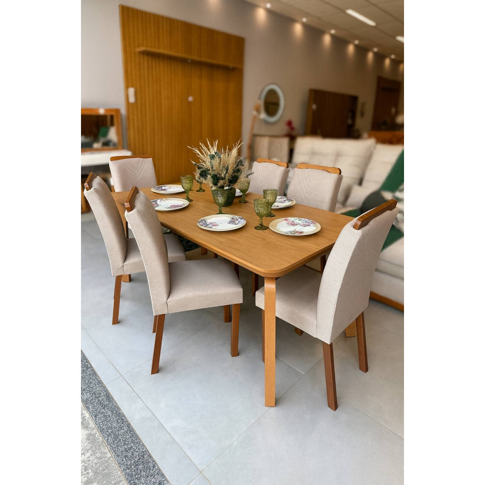 Mesa de Jantar Londrina 1.80cm Tampo Laminado com 6 cadeiras Amsterdã - Linho Bege