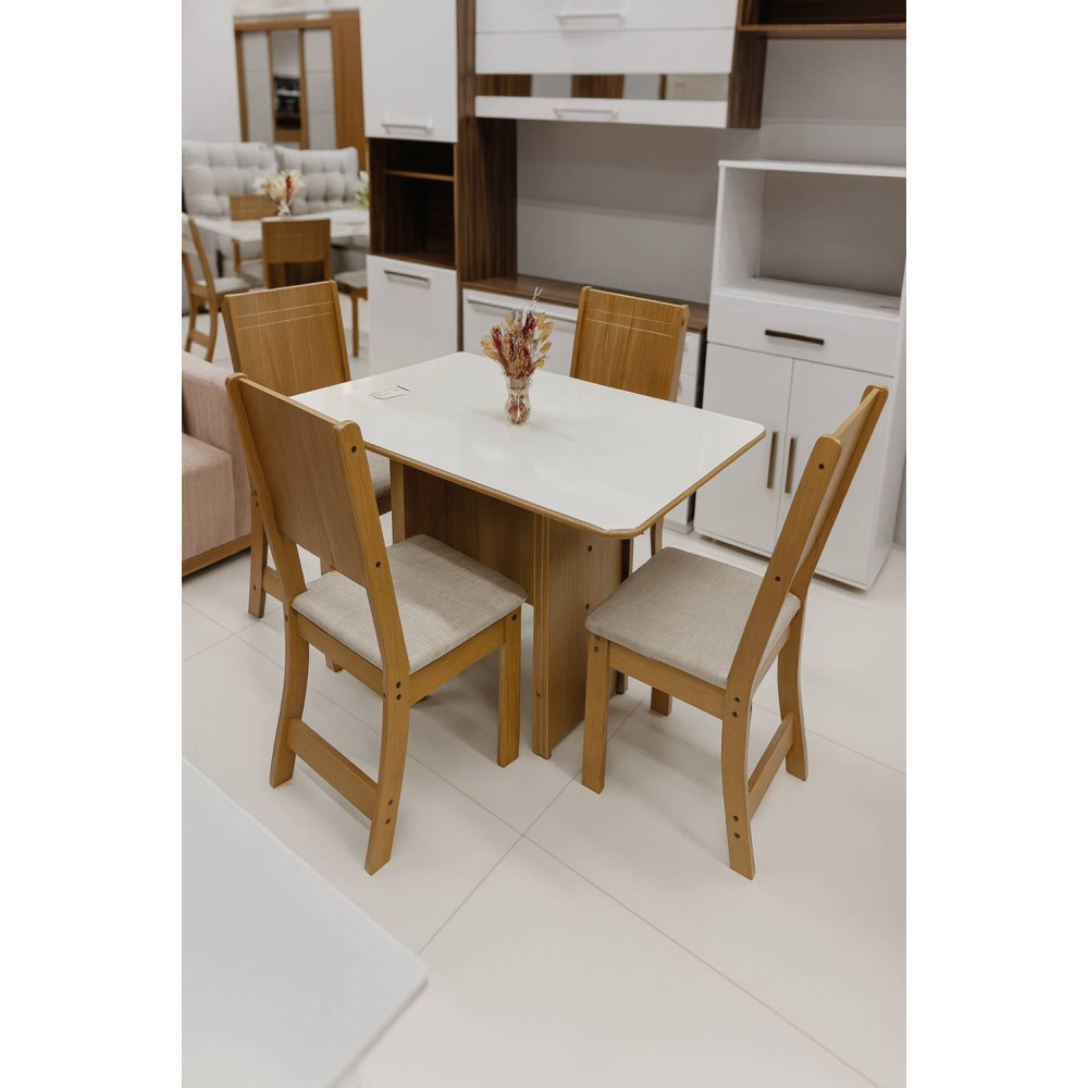 Conjunto Mesa de Jantar Evora 1,10cm c/ 4 Cadeiras Linho Bege - Freijó/Off white
