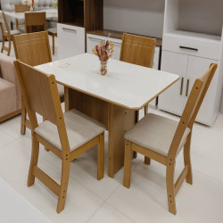 Conjunto Mesa de Jantar Evora 1,10cm c/ 4 Cadeiras Linho Bege - Freijó/Off white Conjunto Mesa de Jantar Evora 1,10cm c/ 4 Cadeiras Linho Bege - Freijó/Off white