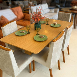 Mesa de Jantar Nevada 180x90cm Tampo Laminado com 6 cadeiras Nevada - Veludo Capuccino